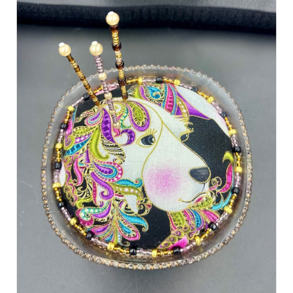 Unique Pin Cushion In antique Glass Dish Gold and glass bead Trim 3 Beaded Pins